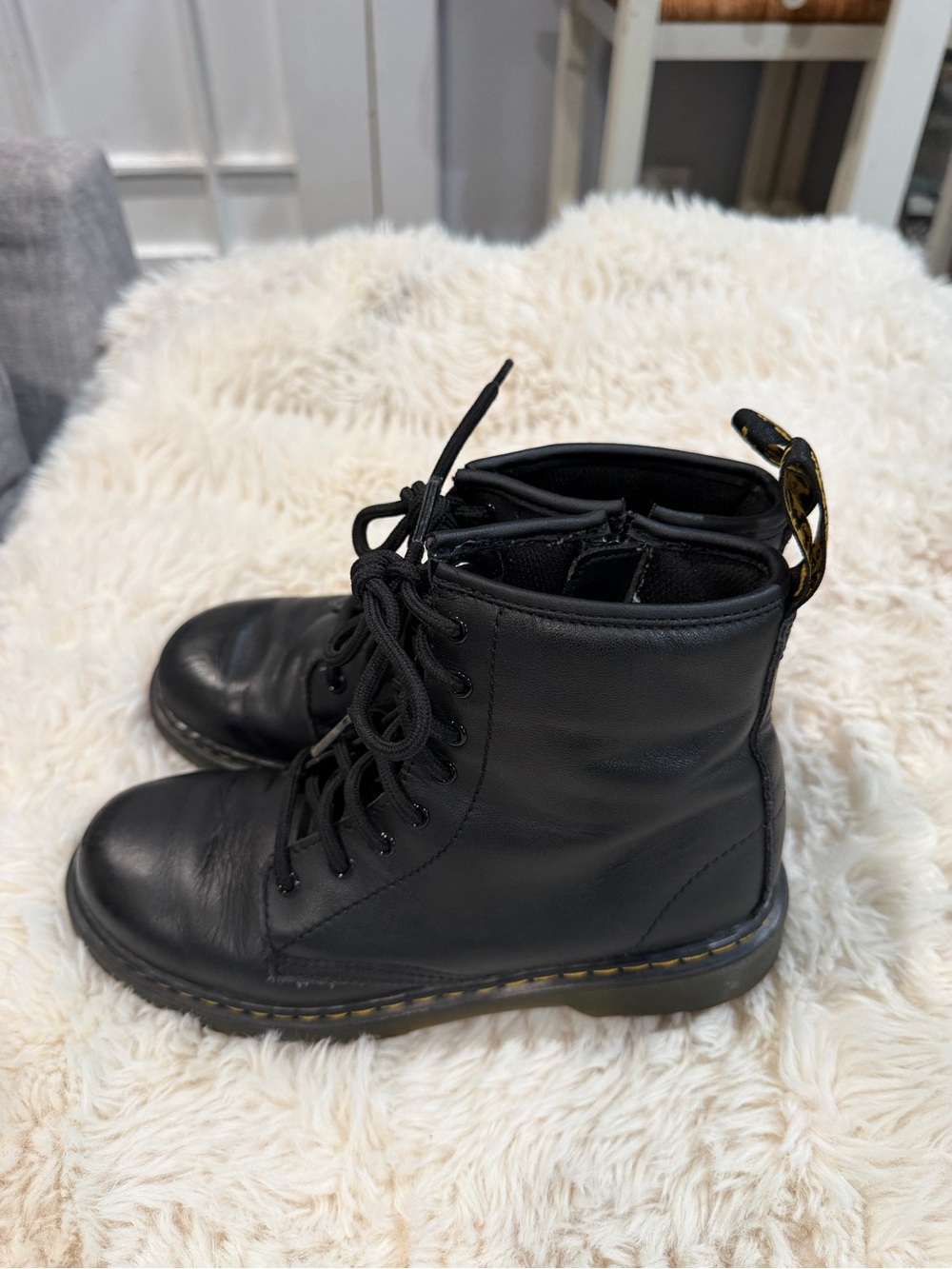 Dr. Martens Black Leather Lace-Up Boots with Yellow Stitching Detail